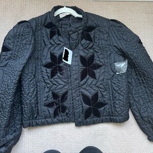 NEW FREE PEOPLE Quinn Quilted Jacket / Black Floral Bomber Satin